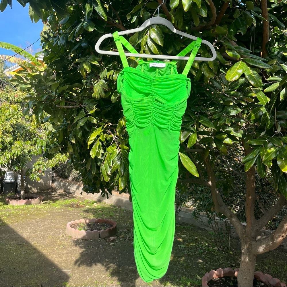 DANIELLE GUIZIO green knit mesh ruched semi sheer bodycon sleeveless mini dress